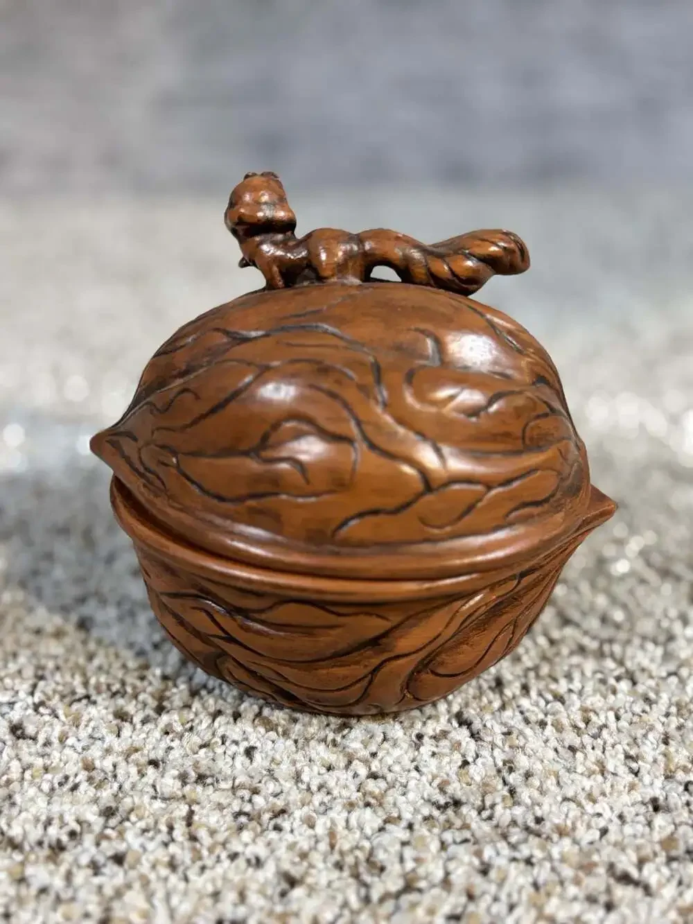 Vintage Ceramic Walnut Shaped Covered Bowl with Squirrel Lid Signed Edna
